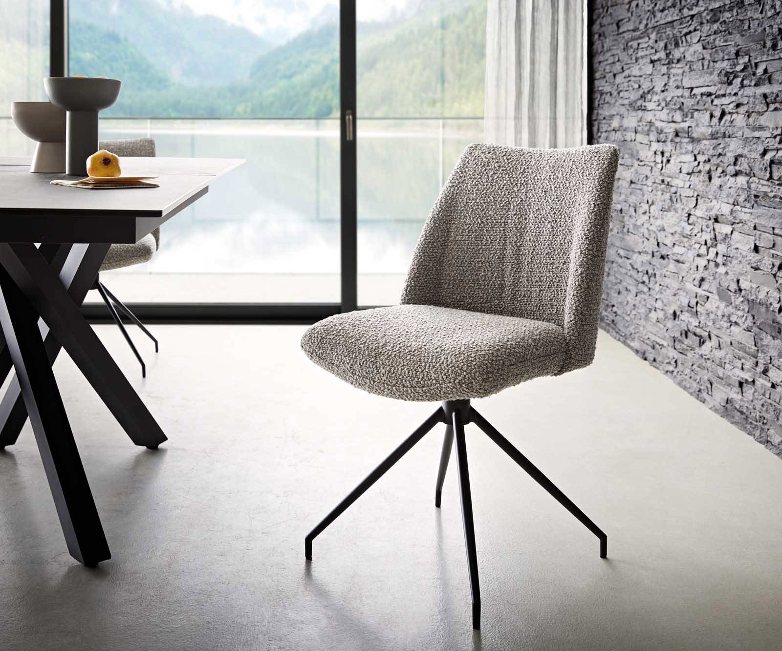 Chaise-pivotante Elso-Flex bouclé gris argenté pied croisé conique noir pivotement sur 180° ressorts ensachés Chaise-pivotante Elso-Flex bouclé gris argenté pied croisé conique noir pivotement sur 180° ressorts ensachés