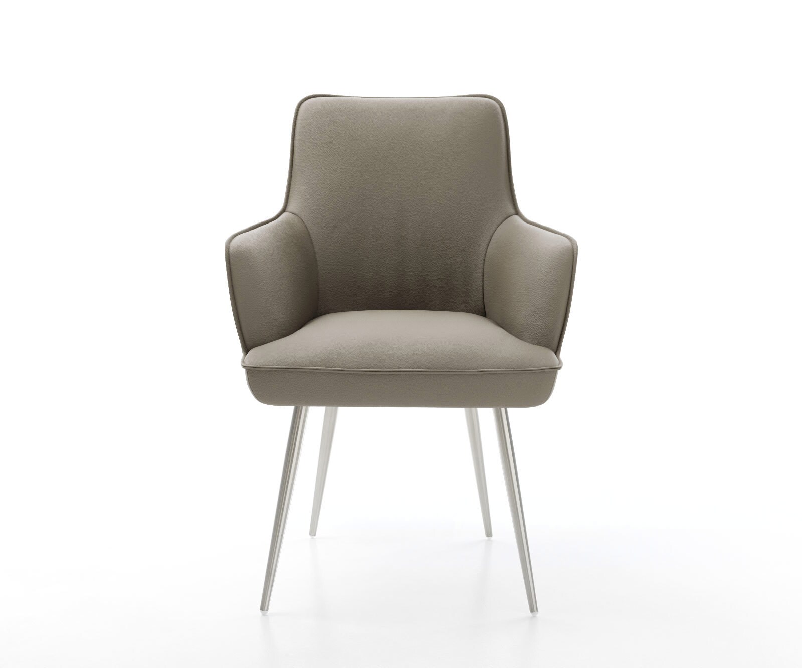 Chaise-de-salle-à-manger Heira-Flex avec accoudoirs cuir de vache couleur boue 4 pieds coniques acier inoxydable brossé ressorts ensachés 2