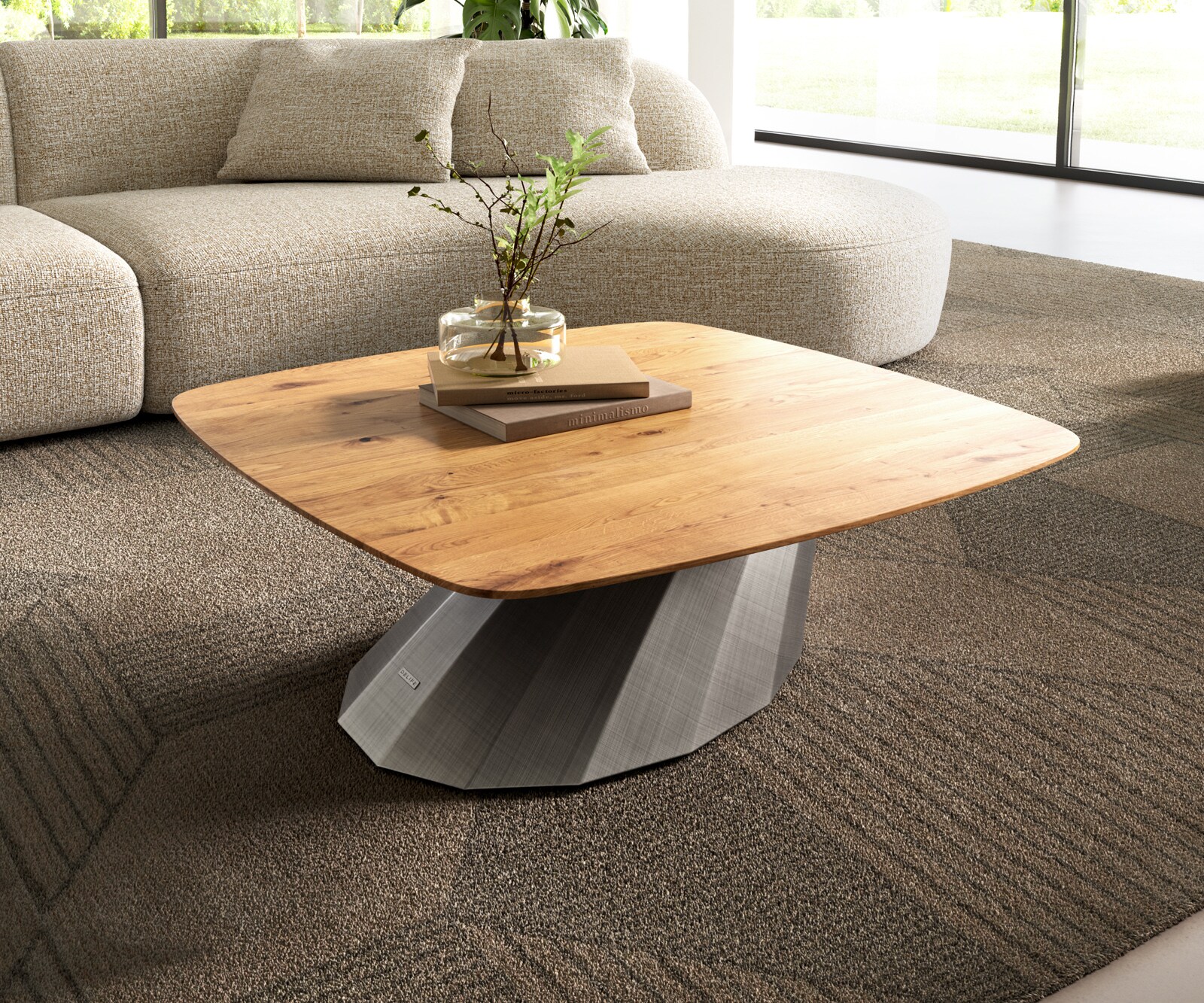 Table basse Edge Boot 90x90 cm chêne naturel bord suisse Parabi argent métallique 1