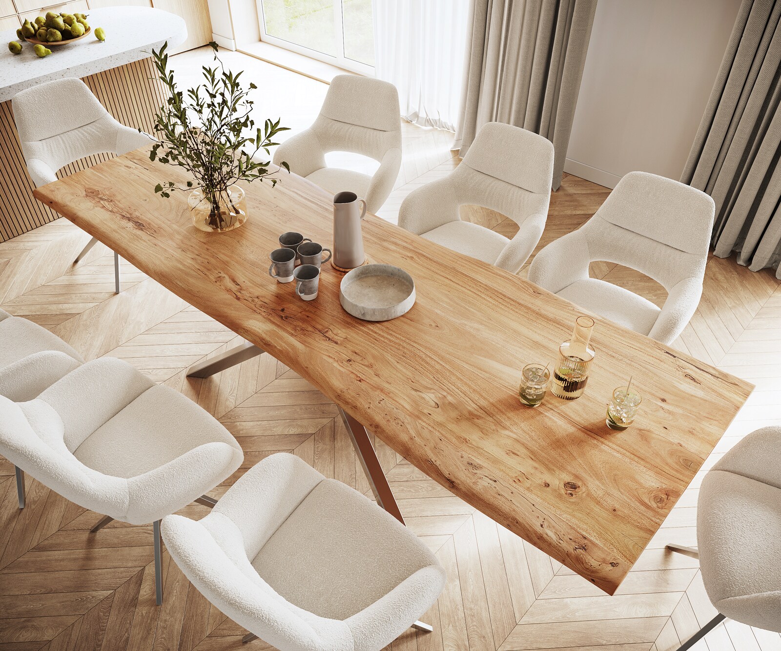 Table à manger Edge 300x100 XL acacia nature cadre croisé rectangle acier inoxydable Live-Edge 4