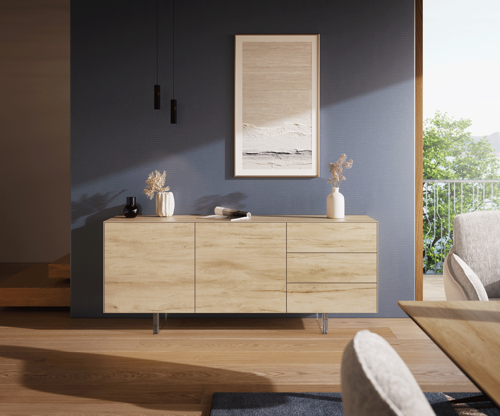 Buffet Cuor 180 cm Céramique Laminam® Sabbia Teinte chêne 2 Portes 3 Tiroirs Pied optique flottant Verre acrylique 2