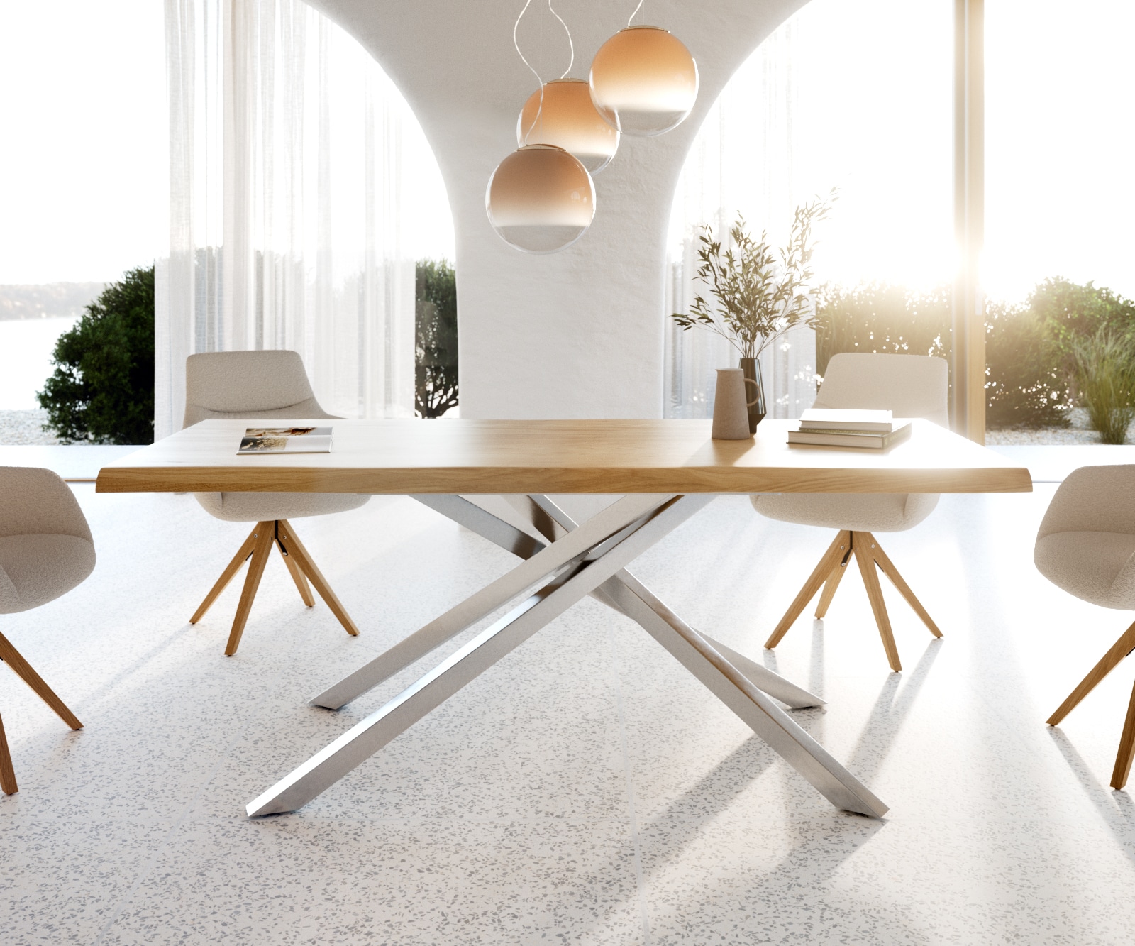 Table à manger Edge 200x100 chêne nature cadre croisé rectangle acier inoxydable Live-Edge laqué 1 Table à manger Edge 200x100 chêne nature cadre croisé rectangle acier inoxydable Live-Edge laqué 1