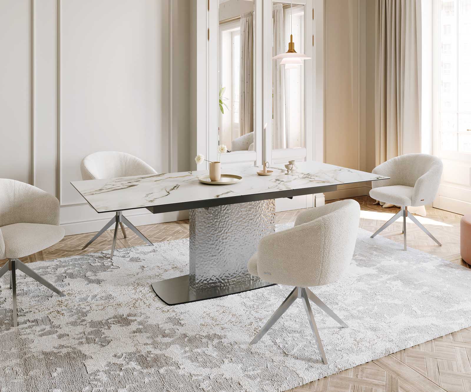 Table à manger Edge 180-220x100 céramique Calacatta Luxe blanc-doré-gris Wave acier inoxydable extensible 8