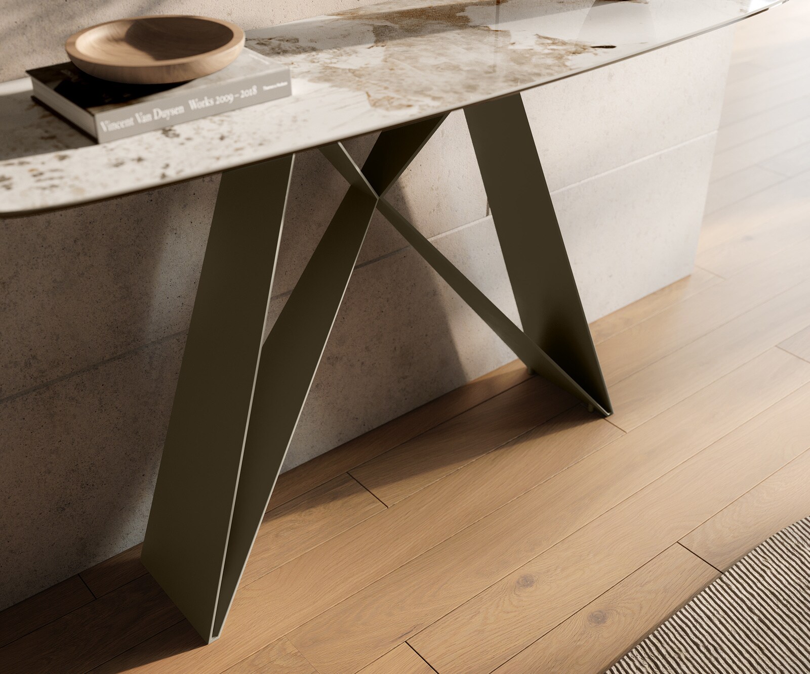 Console Edge forme bateau 140x40 cm Céramique Minas Melange Weiß-Beige Velio Métal Effektfinish Titan 5
