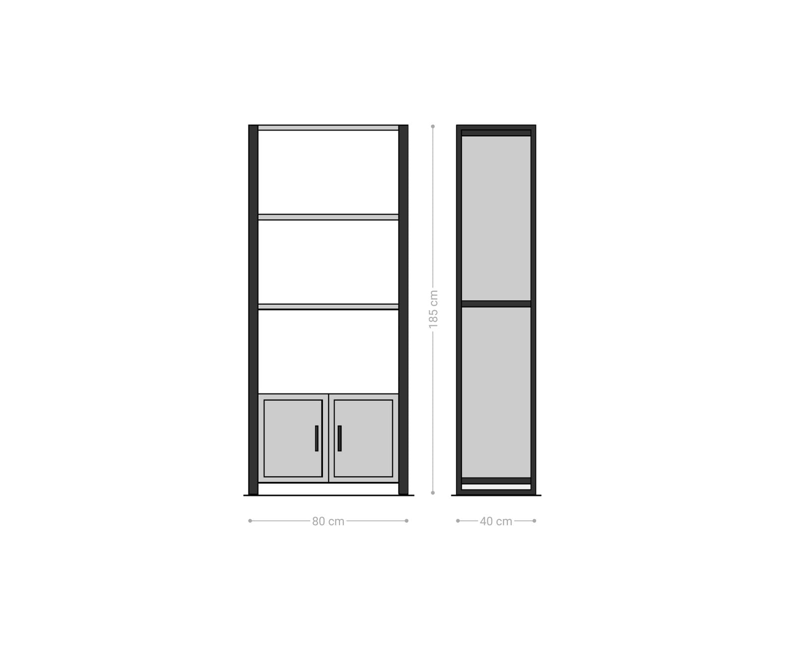 Bibliothèque Crompton 80x185cm Manguier Naturel Métal Noir 3 compartiments 2 portes 7