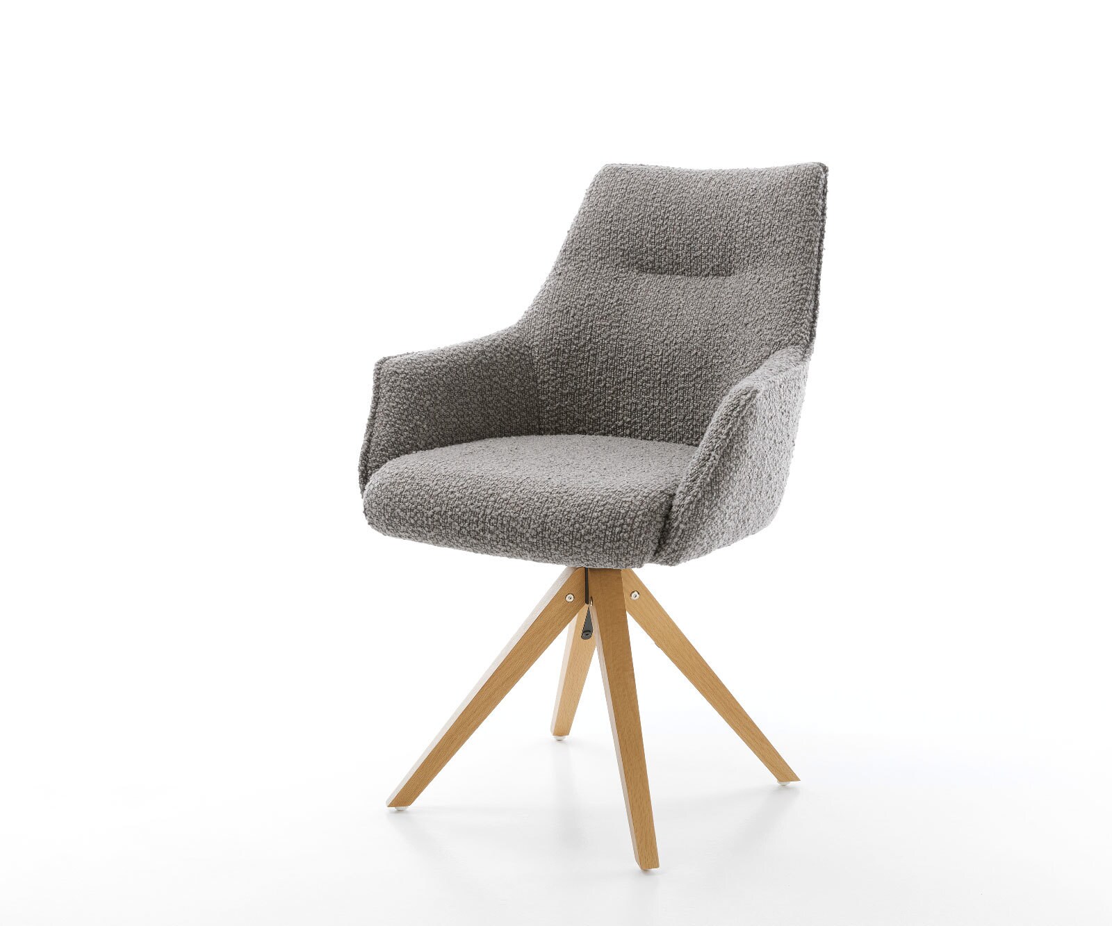 Chaise-pivotante Alja-Flex avec accoudoirs bouclé gris argenté pied en bois angulaire naturel pivotement sur 180° ressorts ensachés