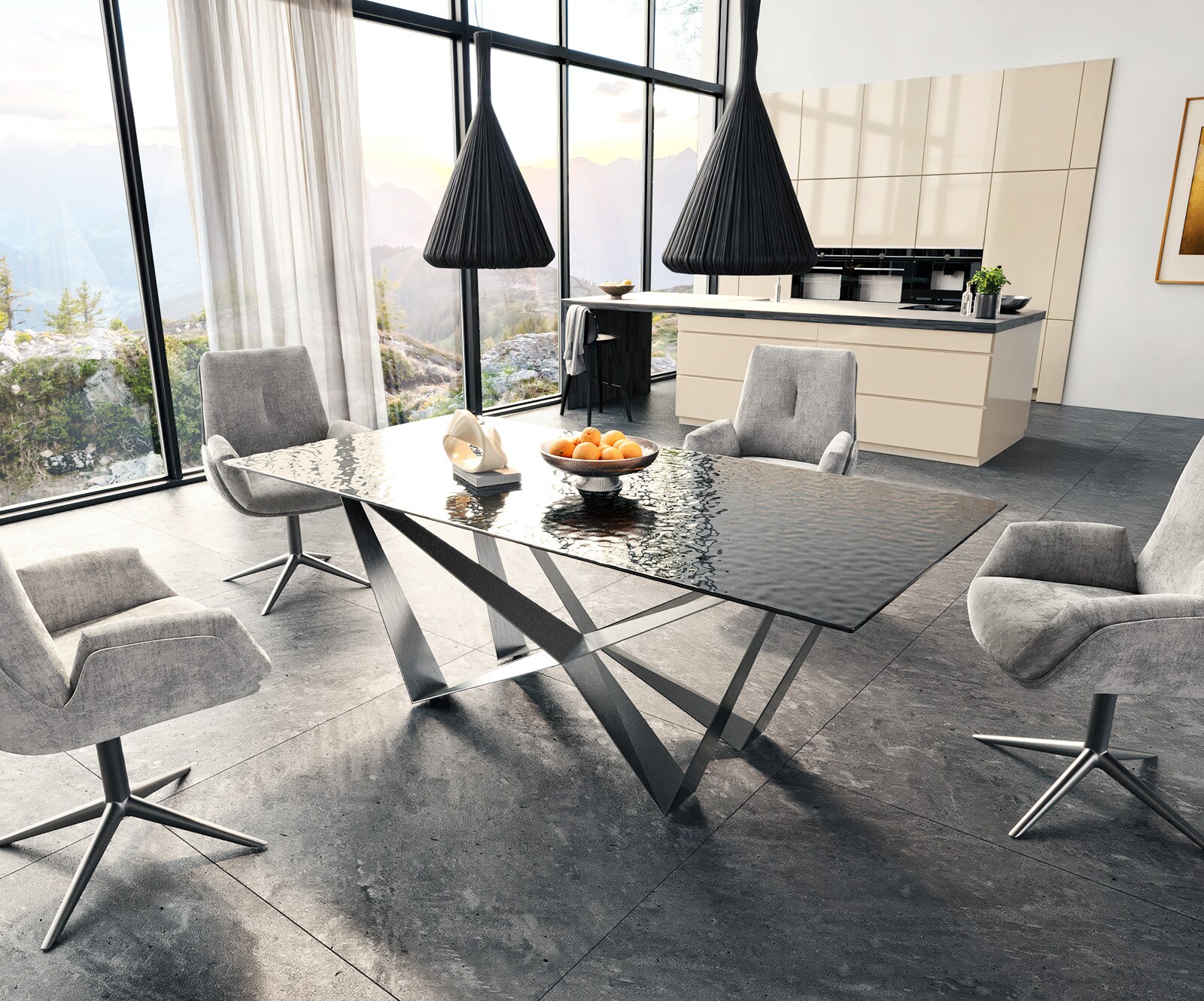 Table à manger Edge 200x100 verre fondu noir fumé relief en 3D Spider acier plat acier inoxydable 5