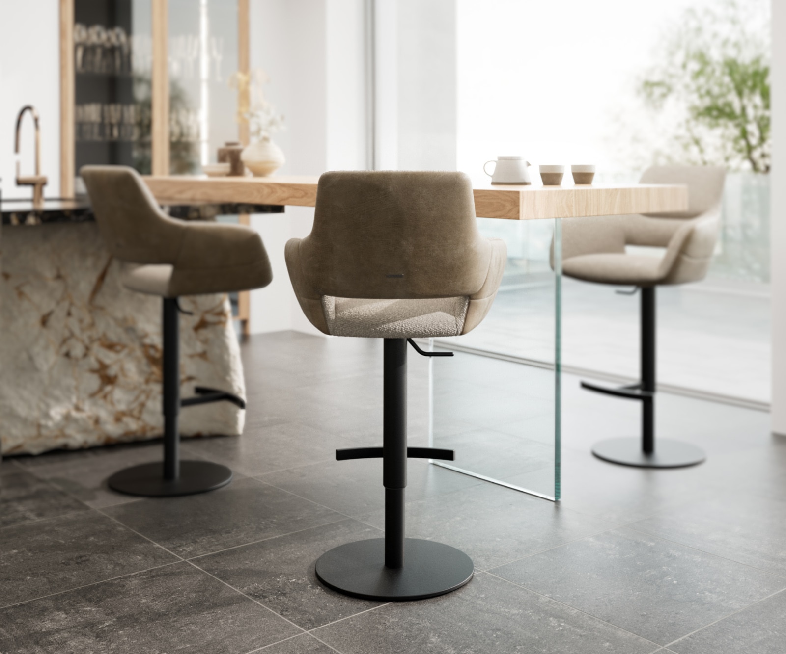 Chaise-de-bar Yago-Flex mélange de matériaux microfibre boue / bouclé boue pied pivotant réglable en hauteur métal noir pivotant ressorts ensachés 4 Chaise-de-bar Yago-Flex mélange de matériaux microfibre boue / bouclé boue pied pivotant réglable en hauteur métal noir pivotant ressorts ensachés 4