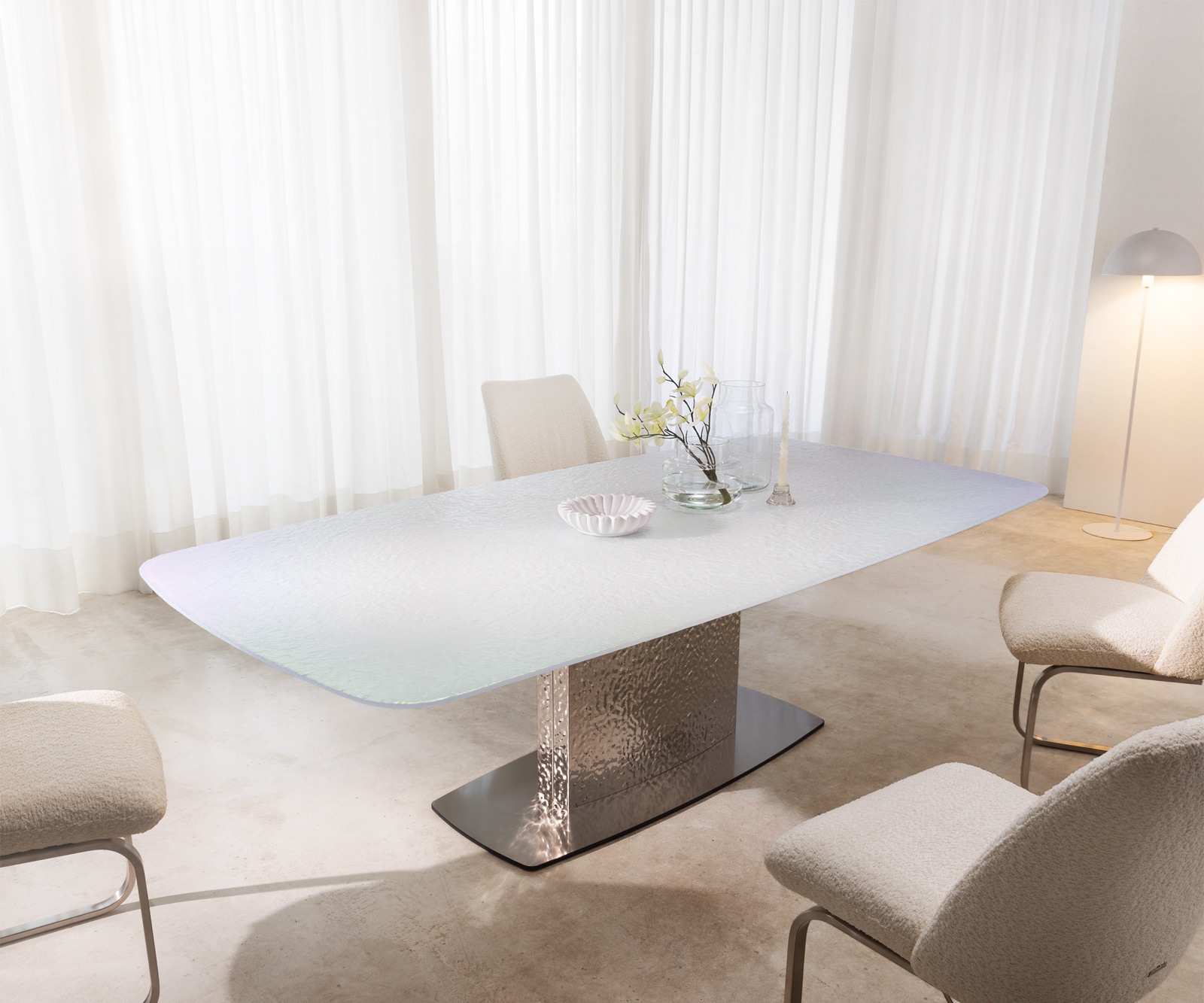 Table à manger Edge Boot 240x120 verre en relief Perlmutt 3D-Design Wave acier inoxydable 1