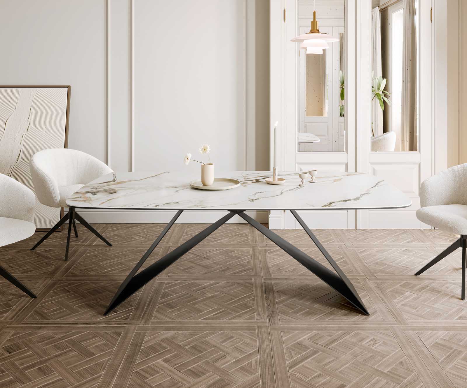 Table à manger Edge en forme de bateau 200x100 céramique Calacatta Luxe blanc-doré-gris cadre en V acier plat noir 1