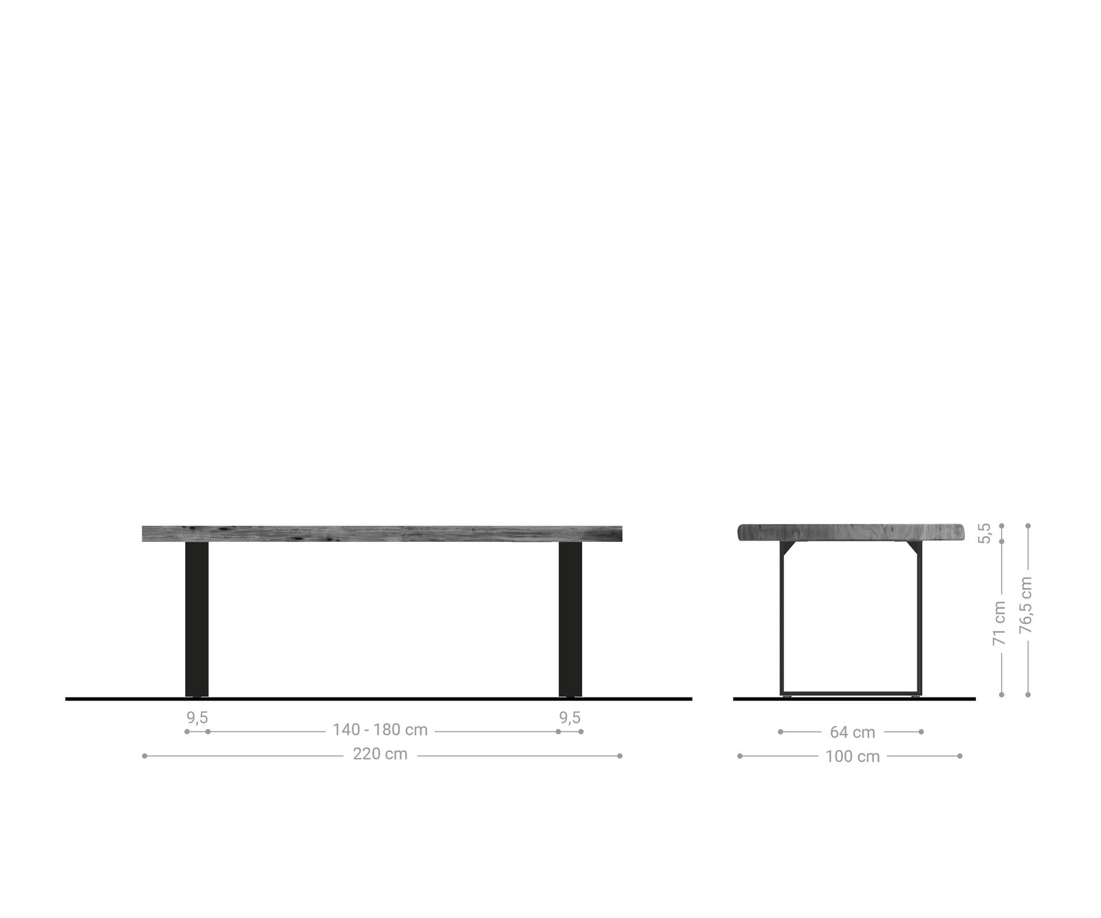 Table-à-manger Edge 220x100cm XL acacia platine acier inoxydable mince Live-Edge 6