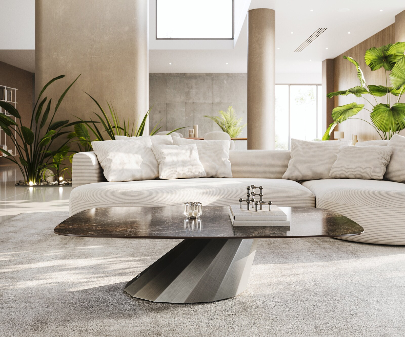 Table basse Edge Boot 140x80 cm céramique Laminam® Emperador Extra Lucidato brun foncé Parabi argent métallique 2