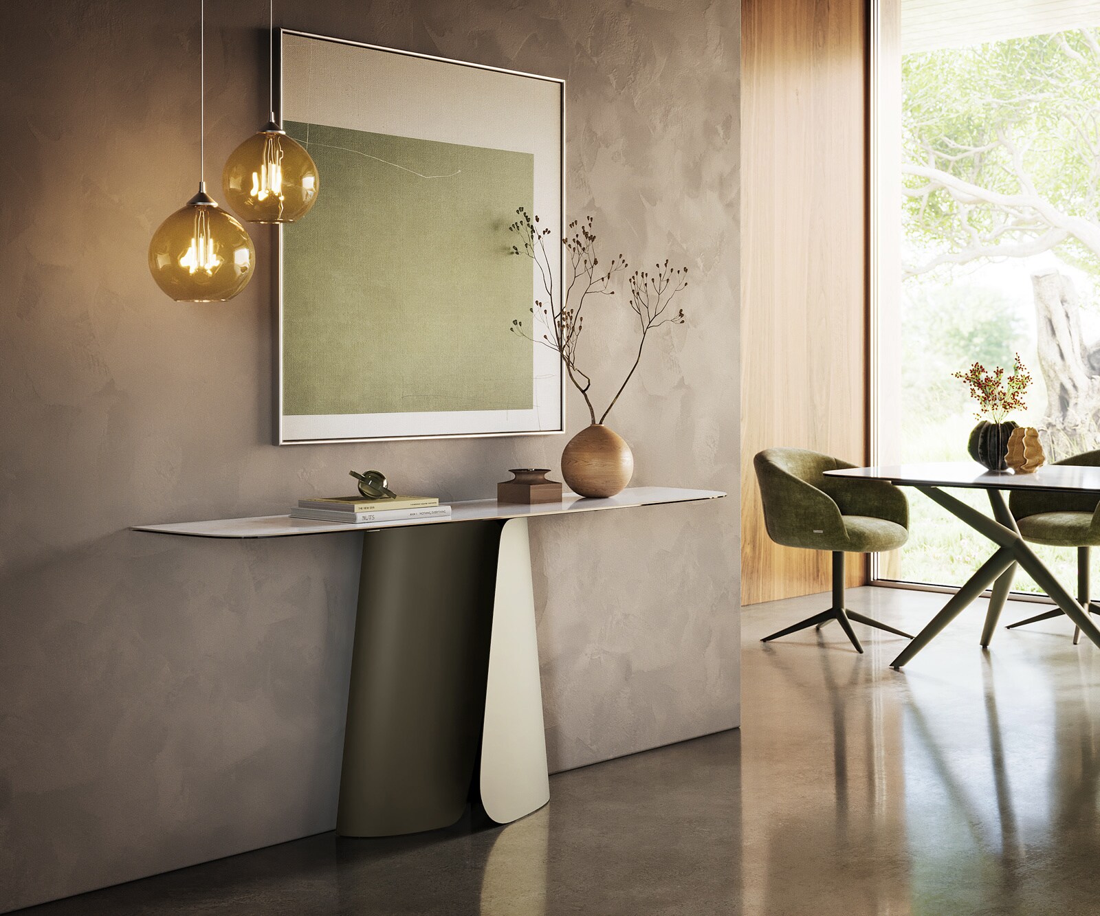 Console Edge forme bateau 180x40 cm Céramique Onyx Pearl Livos Métal Effektfinish Titan 7