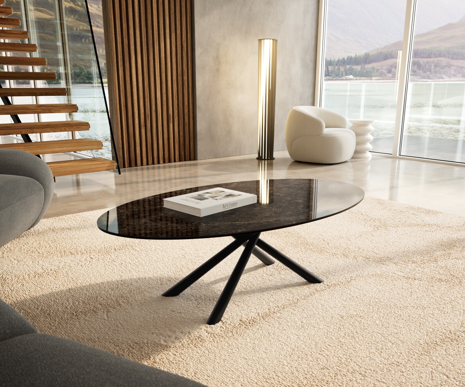 Table basse Edge Oval 140x80 cm céramique Laminam® Emperador Extra Lucidato brun foncé Sarity métal noir