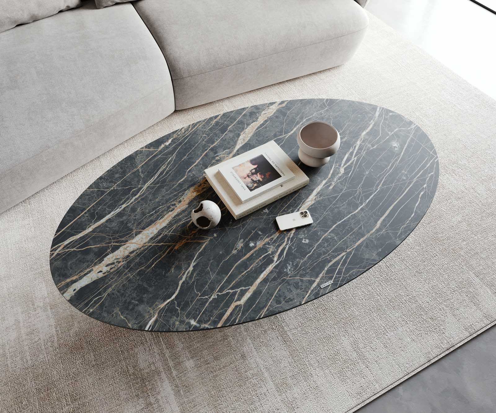 Table-basse Casilda 150x90 cm Céramique Laminam®Noir Desir Marron Pied central Finition à effet titane 6