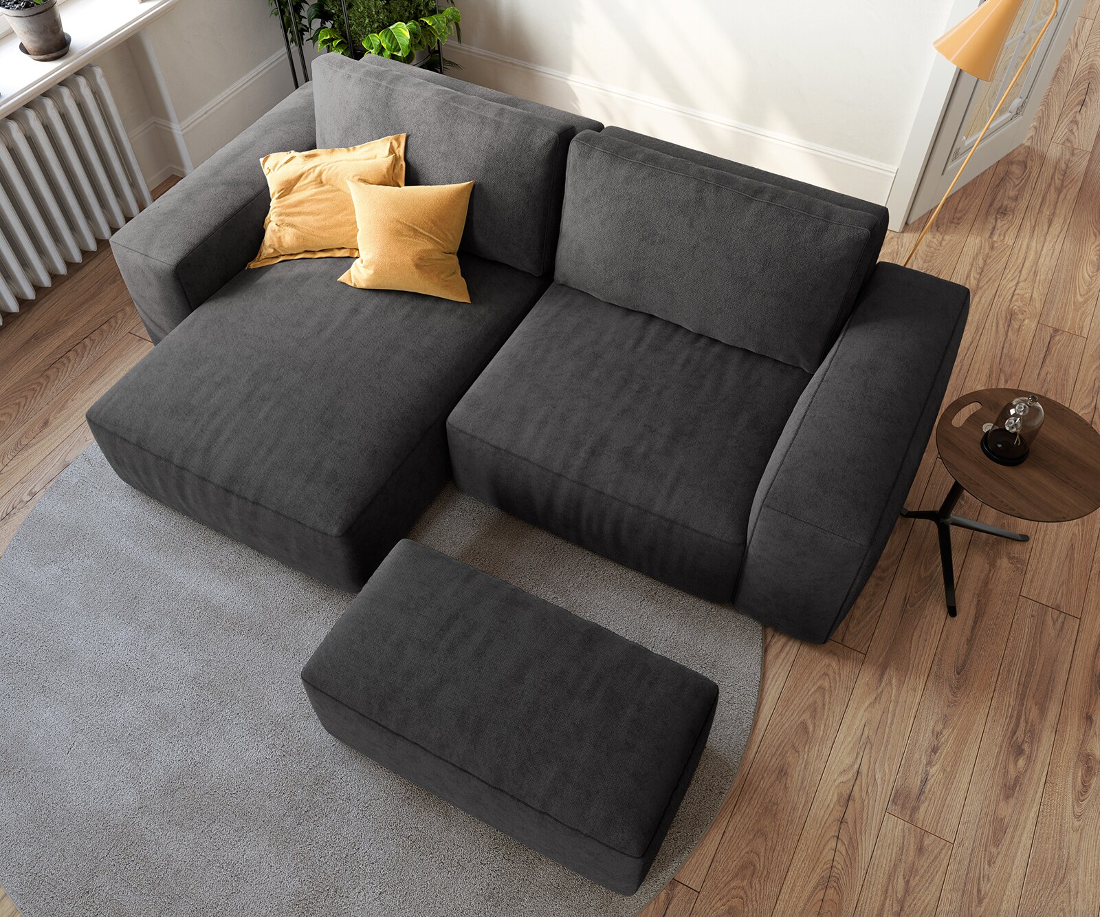 Canapé d’angle Lanzo 230x155 cm microfibre noir méridienne réversible avec pouf 3