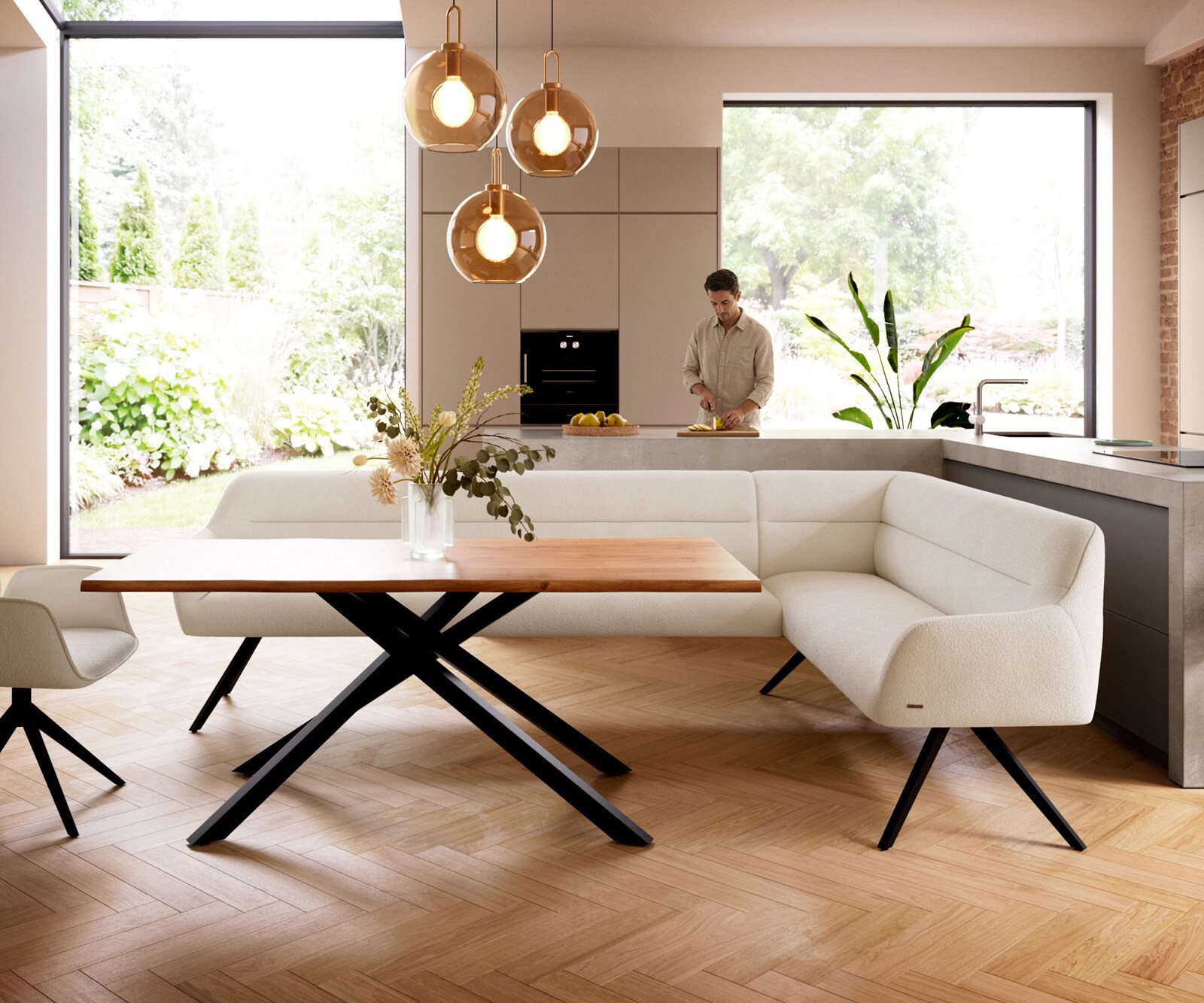 Banc-de-salle-à-manger Taya-Flex 285x190 cm bouclé crème-blanc pied croisé angulaire noir ressort ensaché liens 1