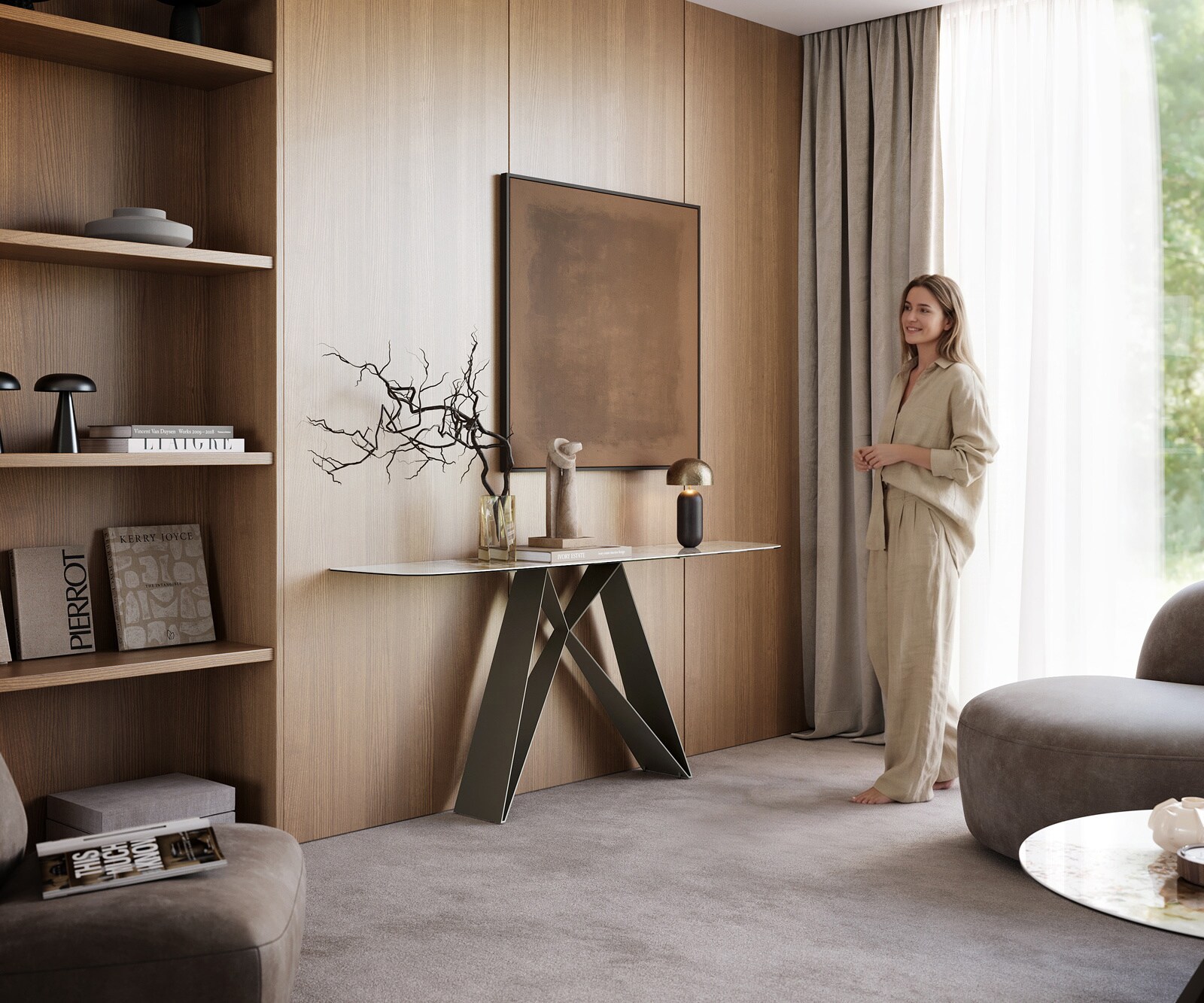 Console Edge forme bateau 180x40 cm Céramique Minas Melange Weiß-Beige Velio Métal Effektfinish Titan 7