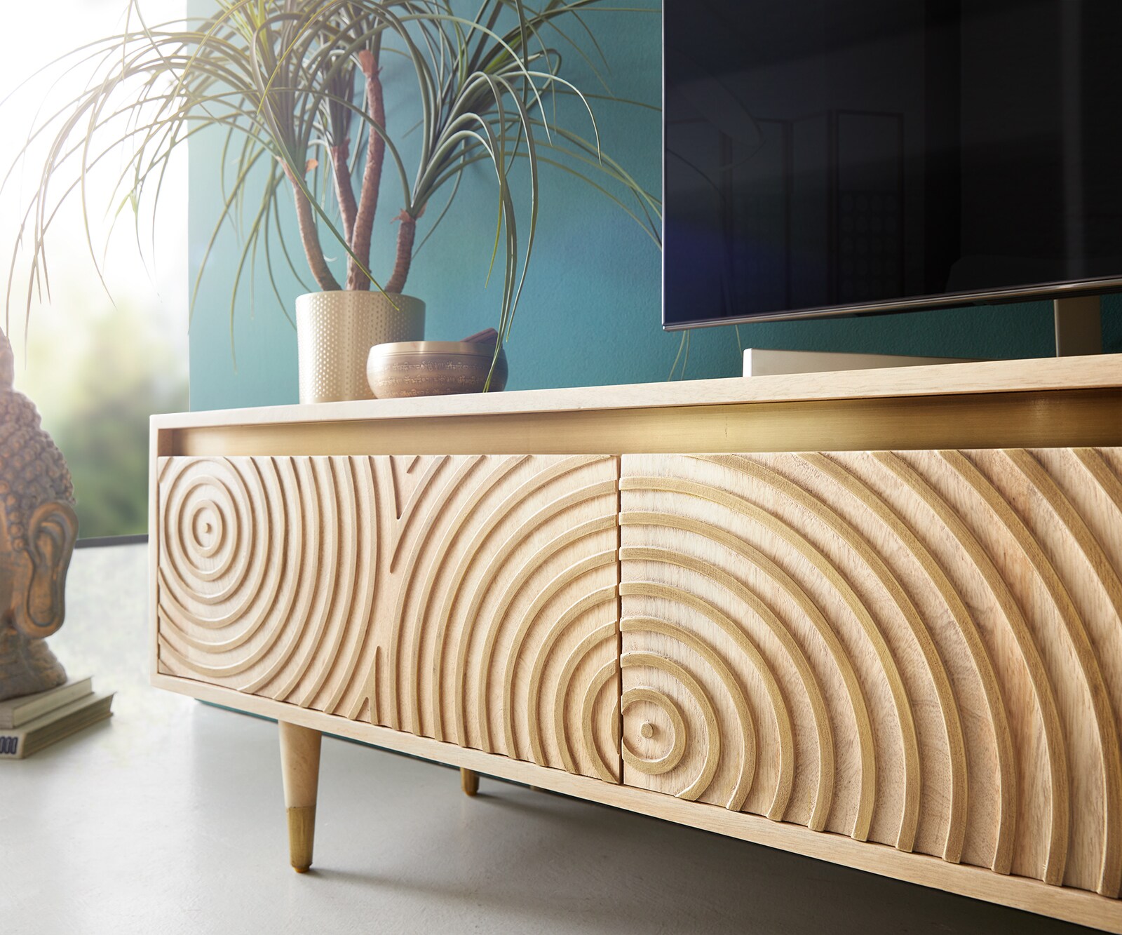 Meuble-TV Budaya 220 cm manguier naturel 4 portes pied conique 4