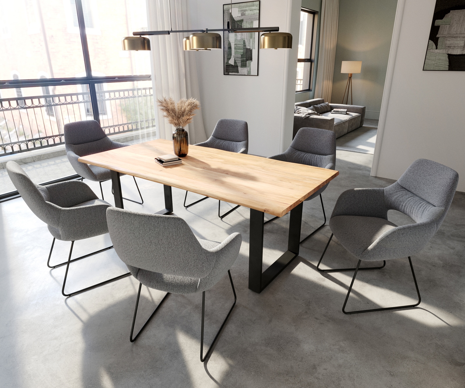 Chaise-de-salle-à-manger Yago-Flex avec accoudoirs tissu texturé gris clair pied trapèze noir ressorts ensachés 3 Chaise-de-salle-à-manger Yago-Flex avec accoudoirs tissu texturé gris clair pied trapèze noir ressorts ensachés 3