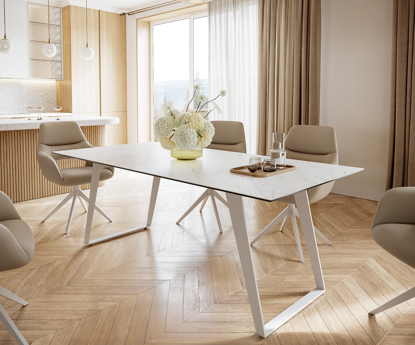 Table à manger Edge 200x100 cm Céramique Laminam®Statuarietto Blanc Métal Oblique Blanc