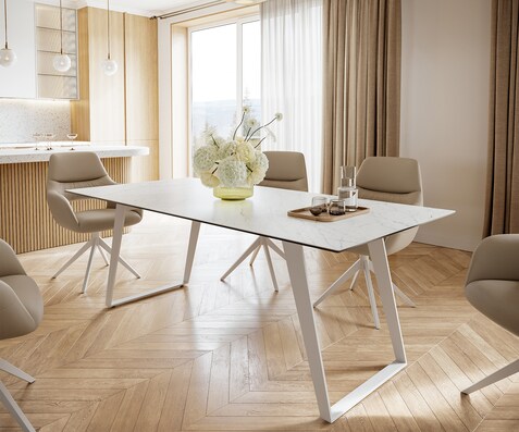 Table à manger Edge 200x100 cm Céramique Laminam®Statuarietto Blanc Métal Oblique Blanc