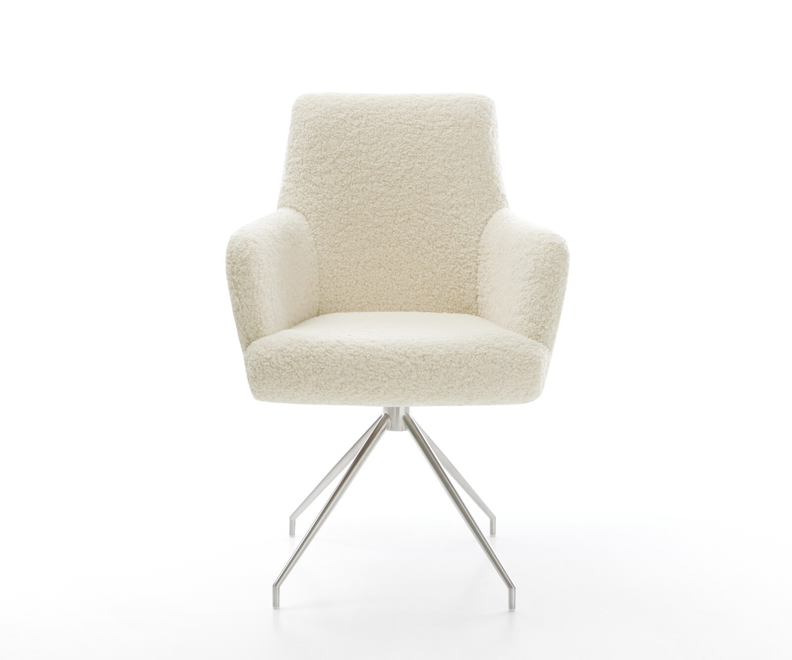 Chaise-de-salle-à-manger Heira-Flex avec accoudoirs tissu teddy beige pied croisé conique acier inoxydable resorts ensachés 2