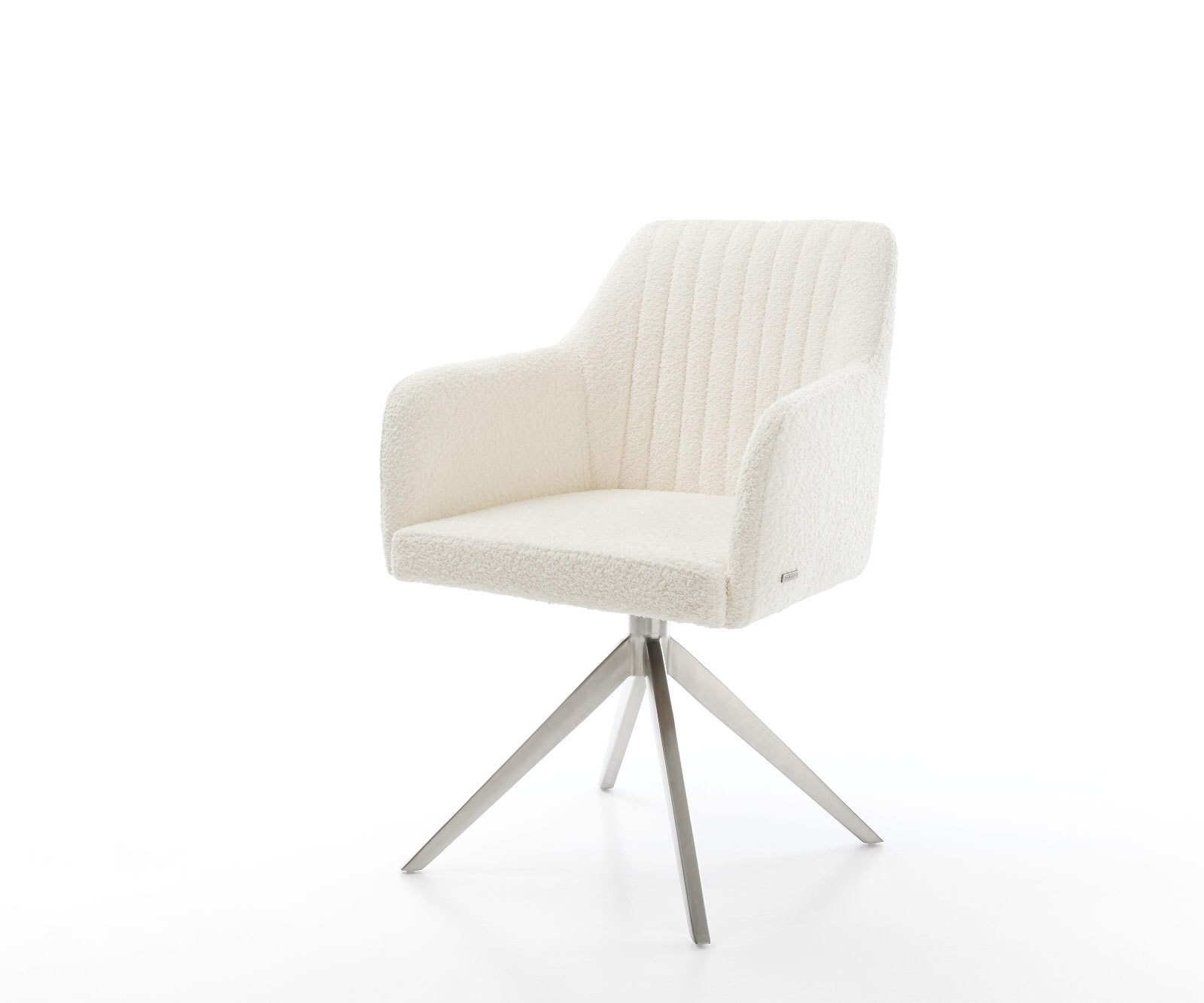 Chaise-de-salle-à-manger Greg-Flex bouclé blanc pied croisé large acier inoxydable brossé ressorts ensachés