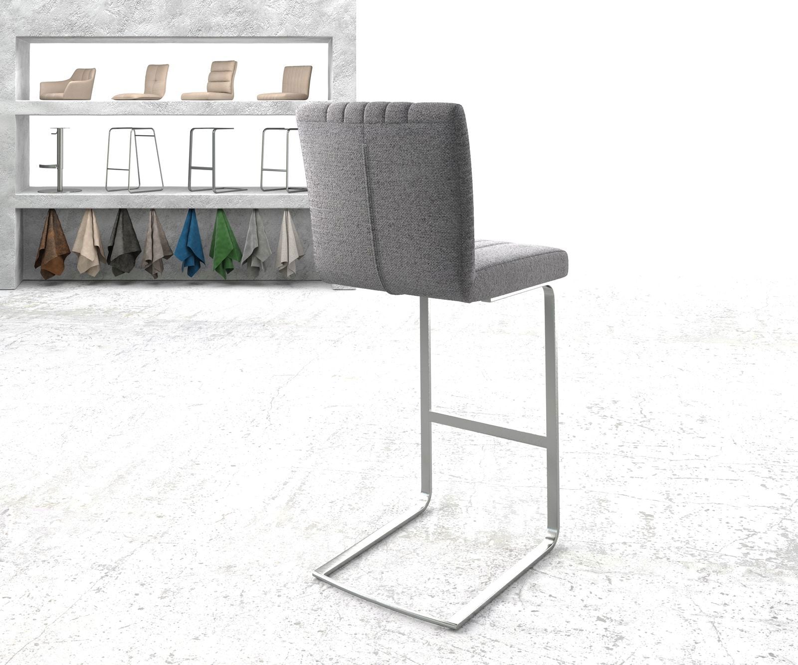 Chaise-de-bar Luiga-Flex tissu texturé gris clair chaise cantilever acier plat inoxydable 2 Chaise-de-bar Luiga-Flex tissu texturé gris clair chaise cantilever acier plat inoxydable 2
