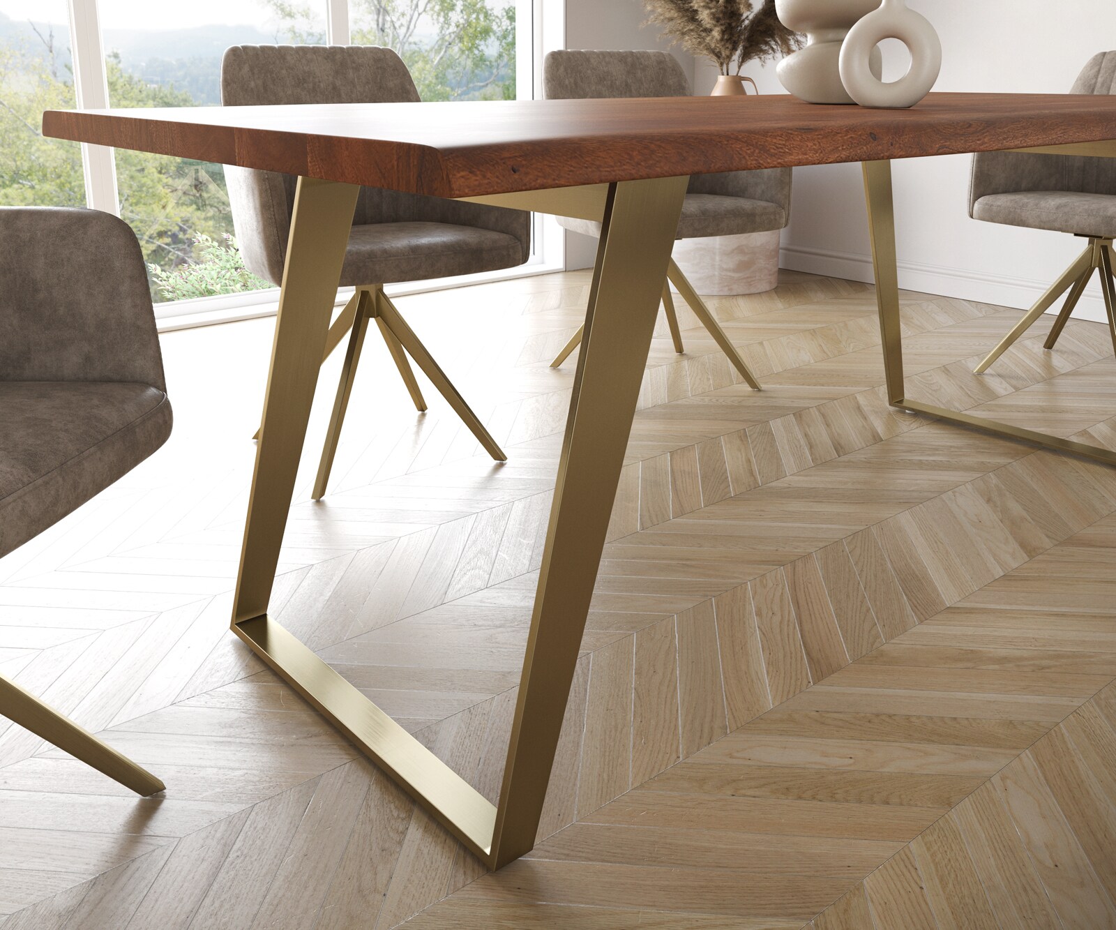 Table à manger Edge 200x100 acacia marron acier inoxydable Gold inclinée Live-Edge 6