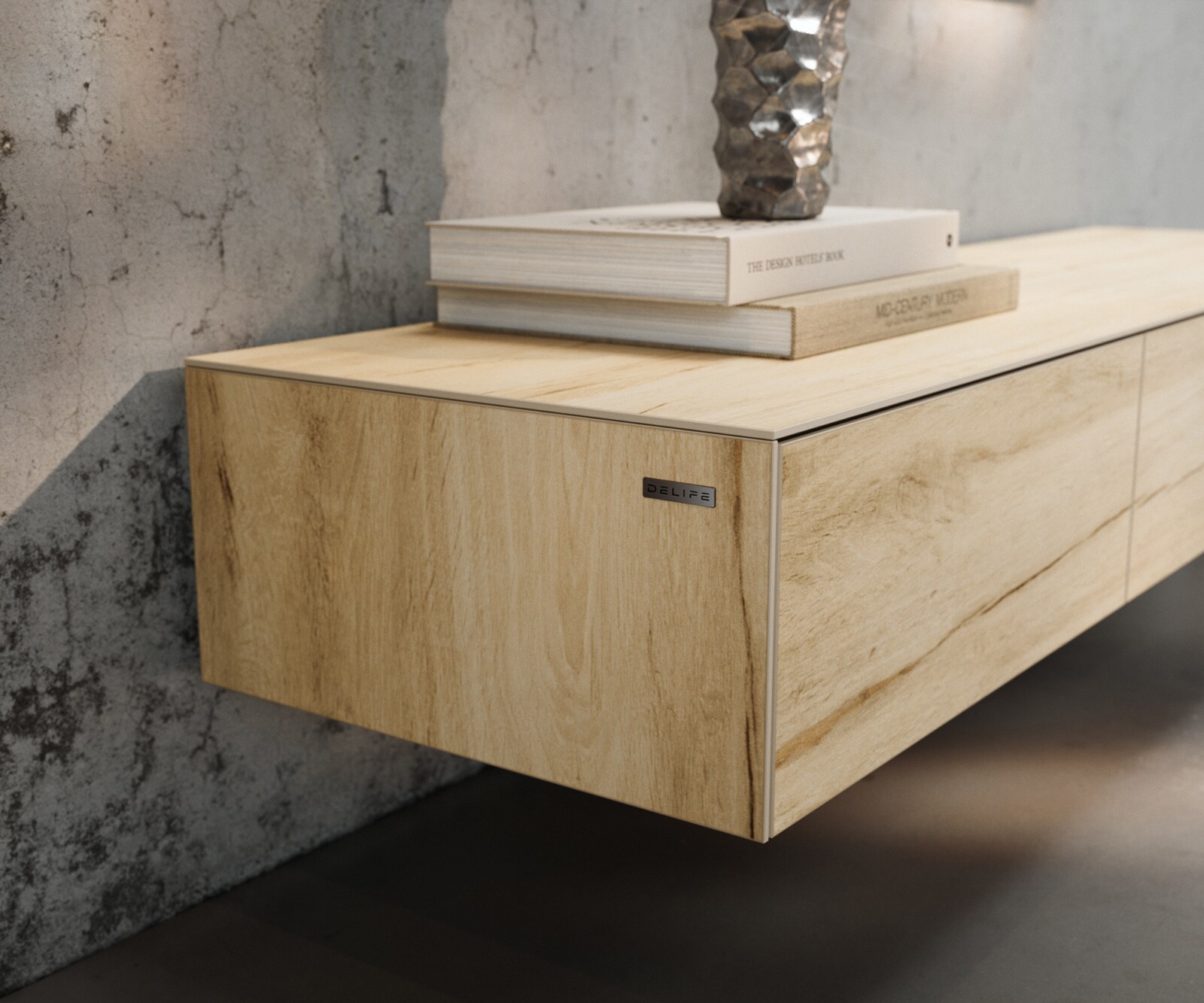 Meuble-TV Cuor 150 cm Céramique Laminam® Sabbia Teinte chêne 1 Clapet 1 Tiroir Pied optique flottant Ancier inoxydable 6