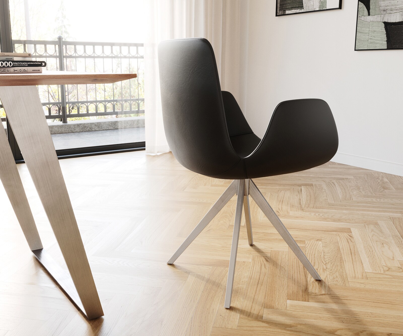Chaise-de-salle-à-manger Ilia-Flex avec accoudoirs cuir de vache noir pied croisé angulaire acier inoxydable brossé 4