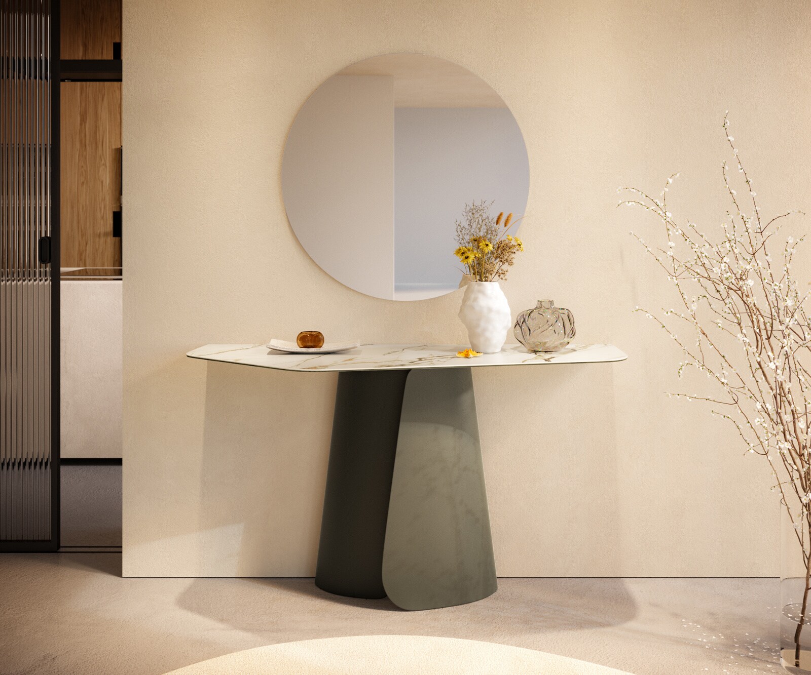 Console Edge Polygonal 140x50 cm Céramique Calacatta Luxe Weiß-Gold-Gris Livos Métal Effektfinish Titan 4