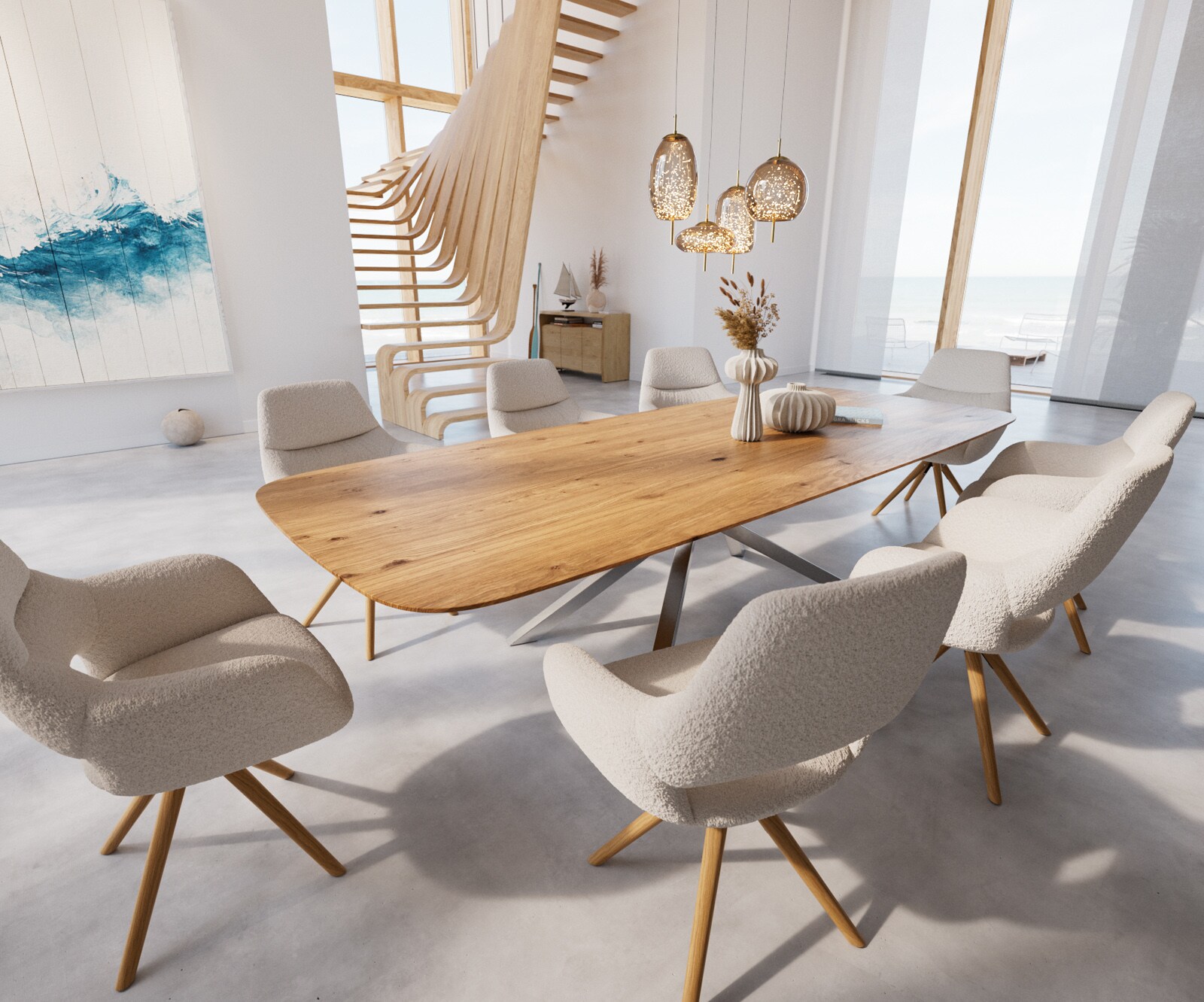 Table à manger Edge Boot 300x120x2,5-3 chêne nature cadre croisé rectangle acier inoxydable bord suisse 5
