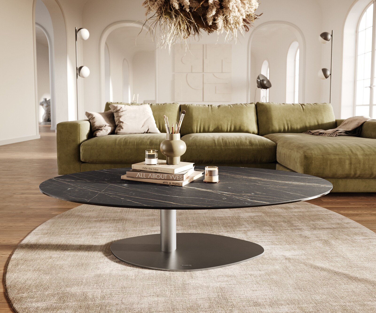 Table basse Edge Oval 140x80 cm céramique Laminam® Noir Desir brun Vibany acier inoxydable brossé 2