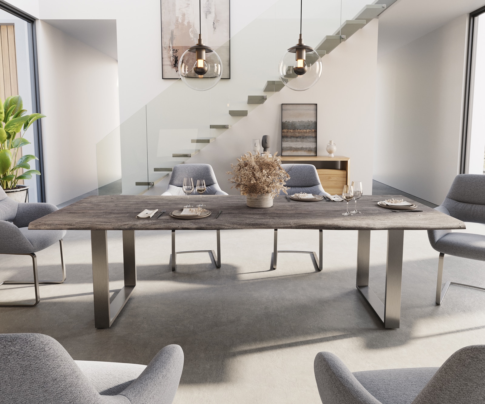 Table-à-manger Edge 260x100 acacia platine acier inoxydable mince Live-Edge 1 Table-à-manger Edge 260x100 acacia platine acier inoxydable mince Live-Edge 1