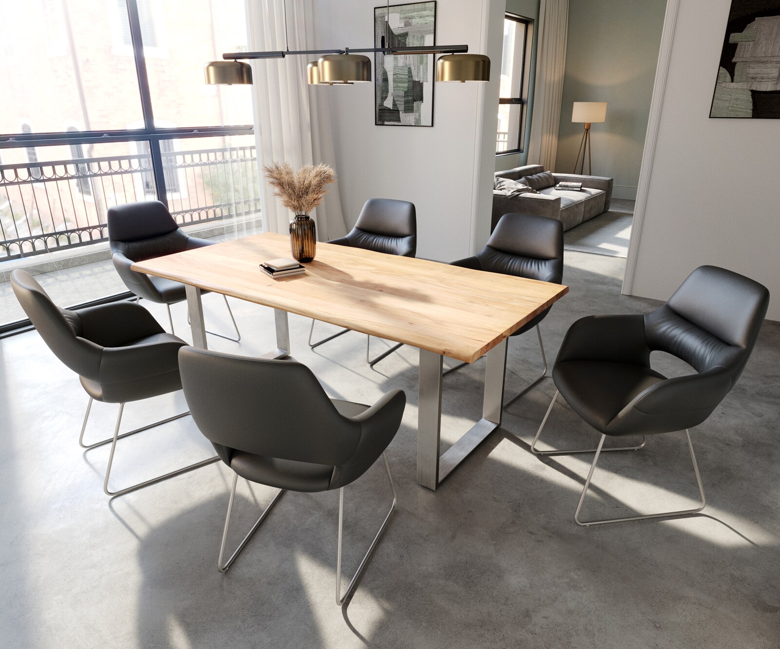 Chaise-de-salle-à-manger Yago-Flex avec accoudoirs cuir de vache noir pied trapèze acier inoxydable brossé ressorts ensachés 3 Chaise-de-salle-à-manger Yago-Flex avec accoudoirs cuir de vache noir pied trapèze acier inoxydable brossé ressorts ensachés 3