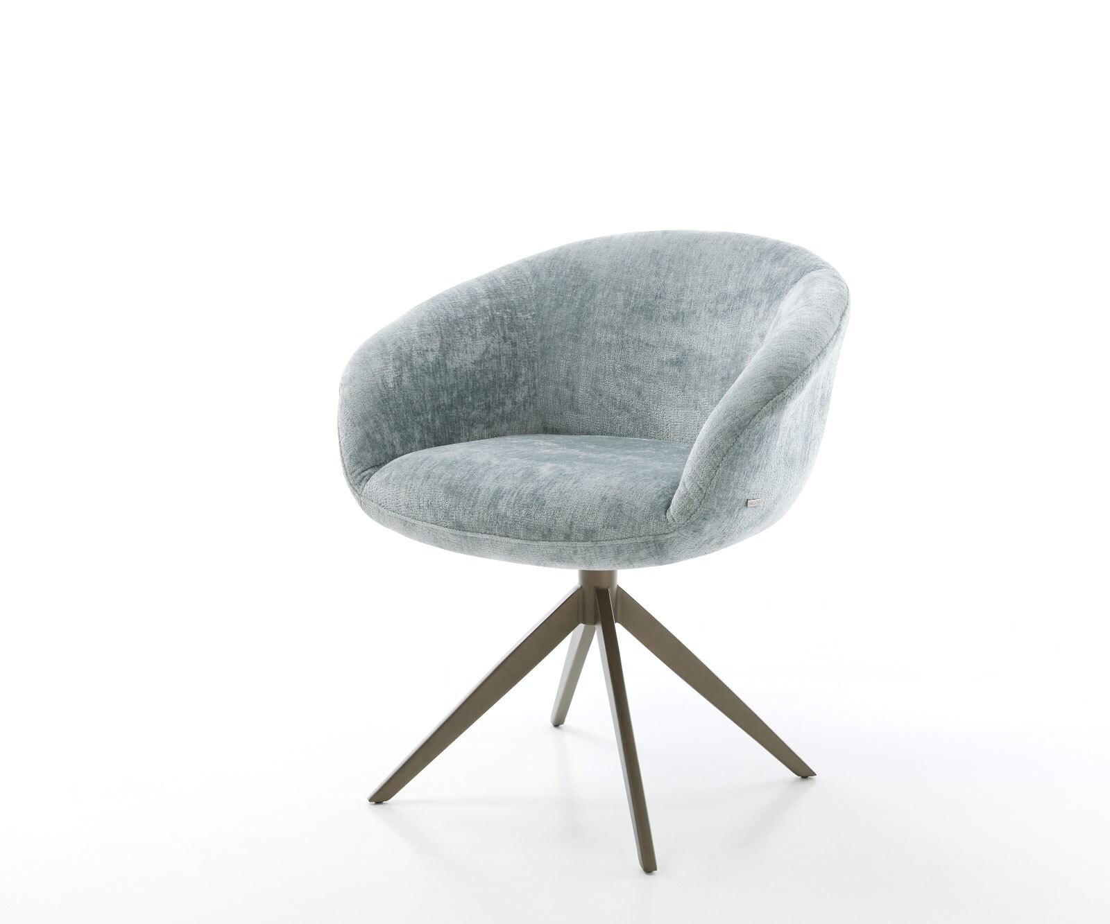 Chaise-pivotante Vinka-Flex avec accoudoirs chenille bleu pastel pied croisé large aspect titane pivotement sur 360° ressorts ensachés
