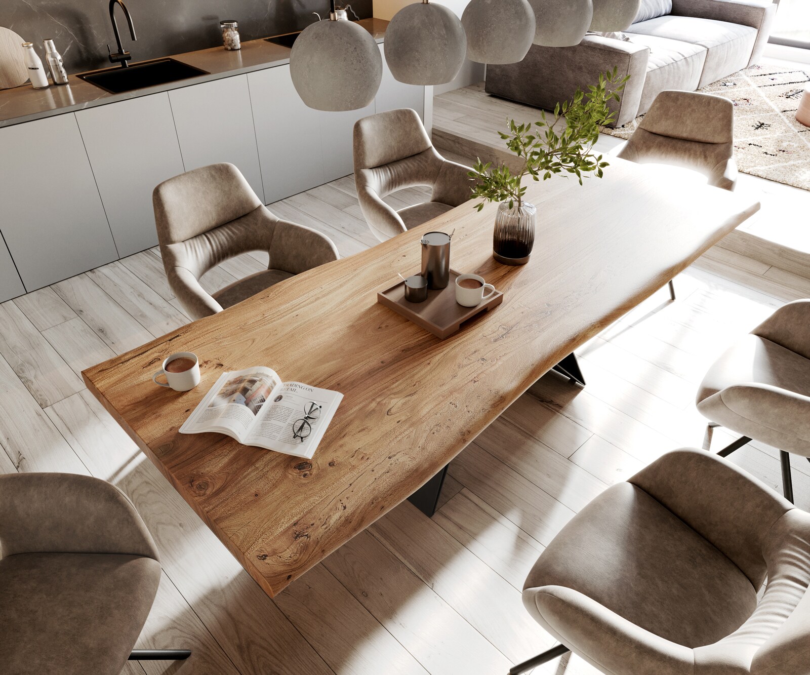 Table à manger Edge 260x100 XL acacia nature cadre en V acier plat noir Live-Edge 3