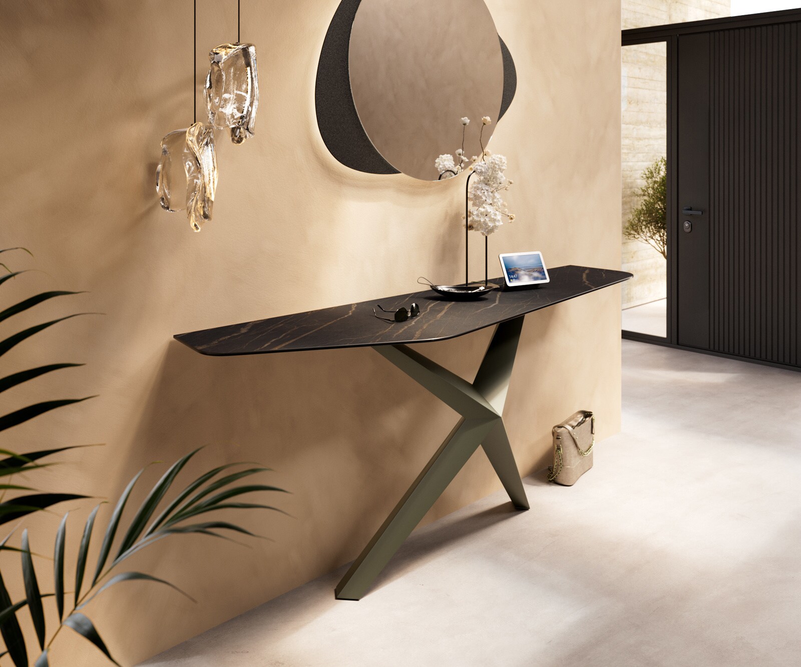 Console Edge Polygonal 180x50 cm Céramique Laminam® Noir Desir Braun Zentharo Métal Effektfinish Titan 1