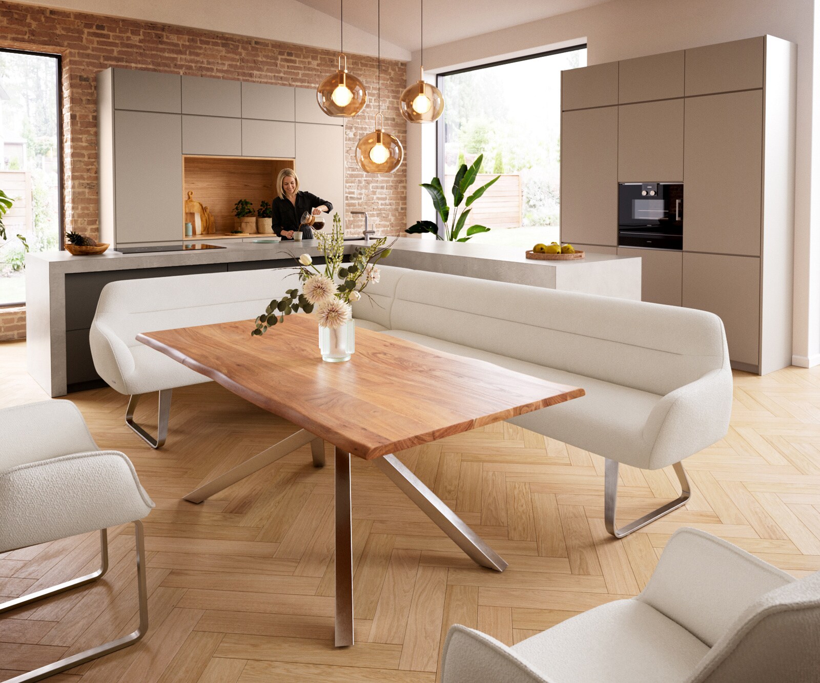 Banc-de-salle-à-manger Taya-Flex 285x190 cm bouclé crème-blanc châssis à patins plat acier inoxydable ressort ensaché à droite 1