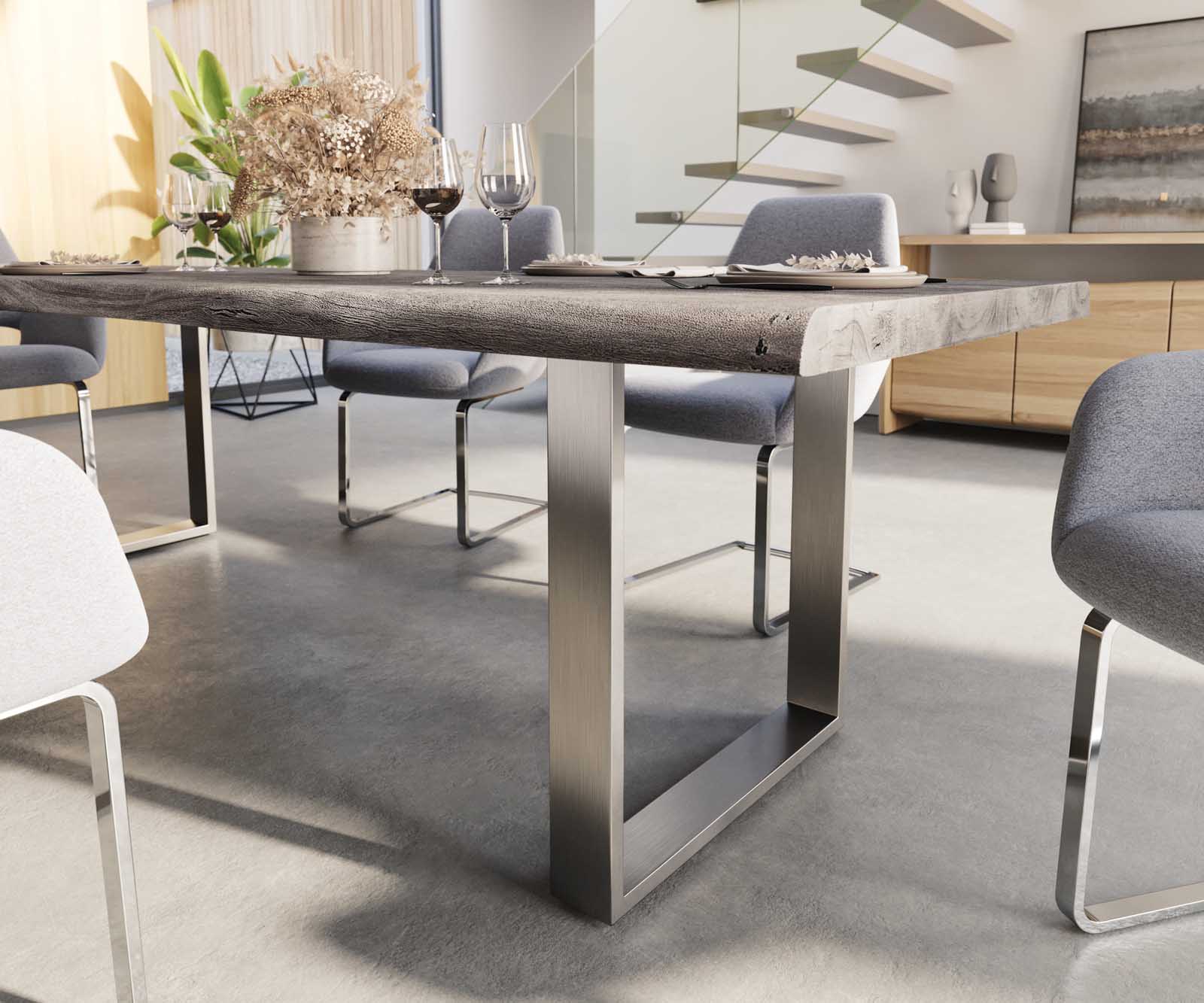 Table-à-manger Edge 260x100 XL acacia platine acier inoxydable mince Live-Edge 4