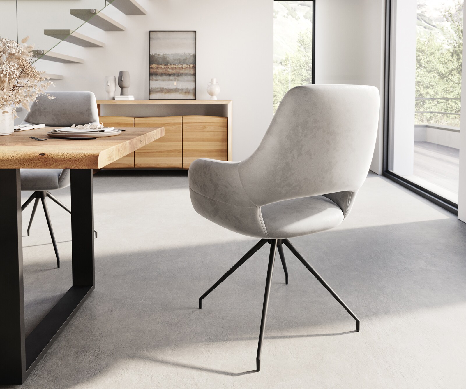 Chaise-de-salle-à-manger Yago-Flex avec accoudoirs velours gris pied croisé conique noir ressorts ensachés 4 Chaise-de-salle-à-manger Yago-Flex avec accoudoirs velours gris pied croisé conique noir ressorts ensachés 4