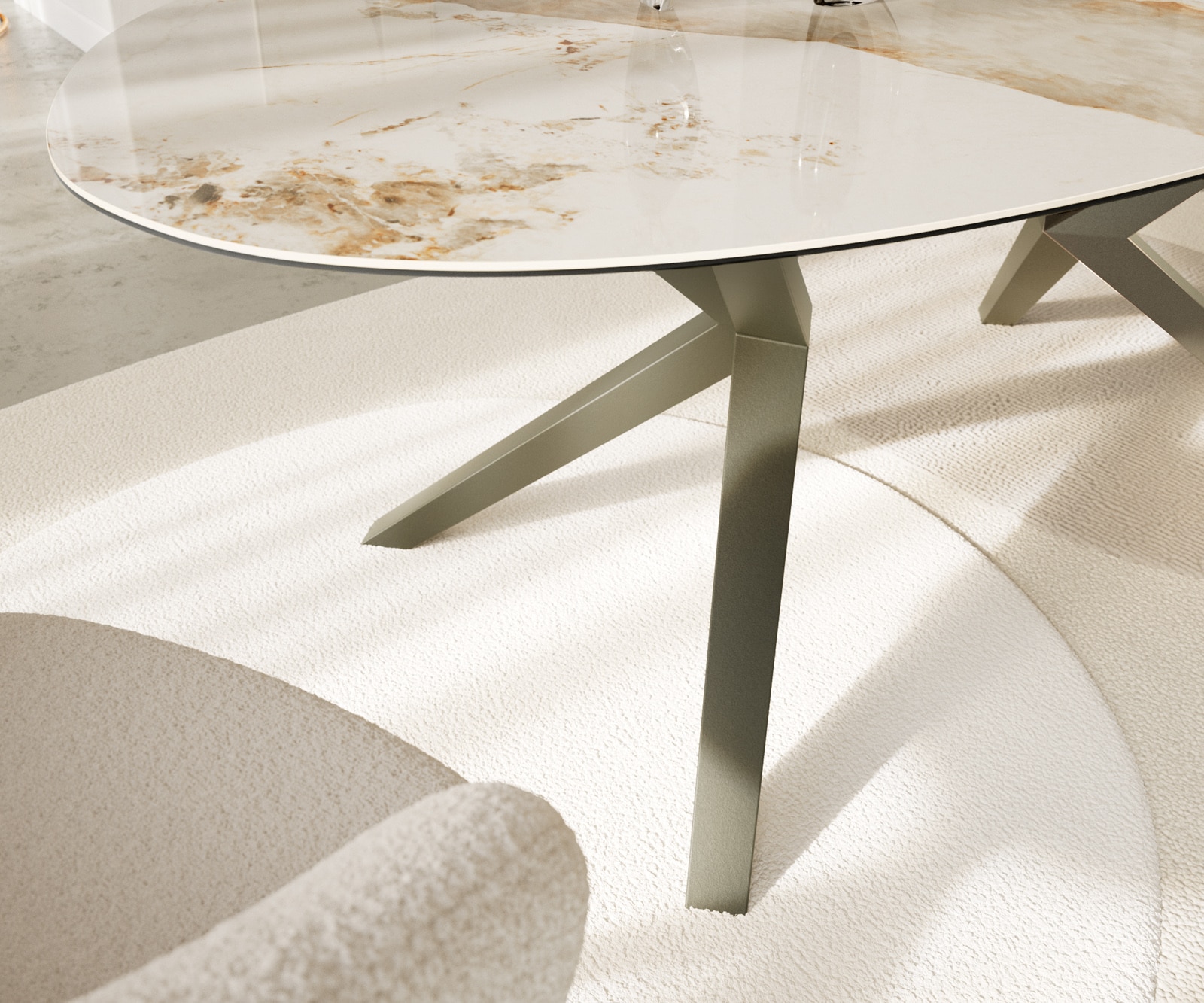 Table à manger Edge Ovale 220x120 Céramique Minas Melange Blanc-Beige Zenthara anguleux Métal finition à effet Titane 5