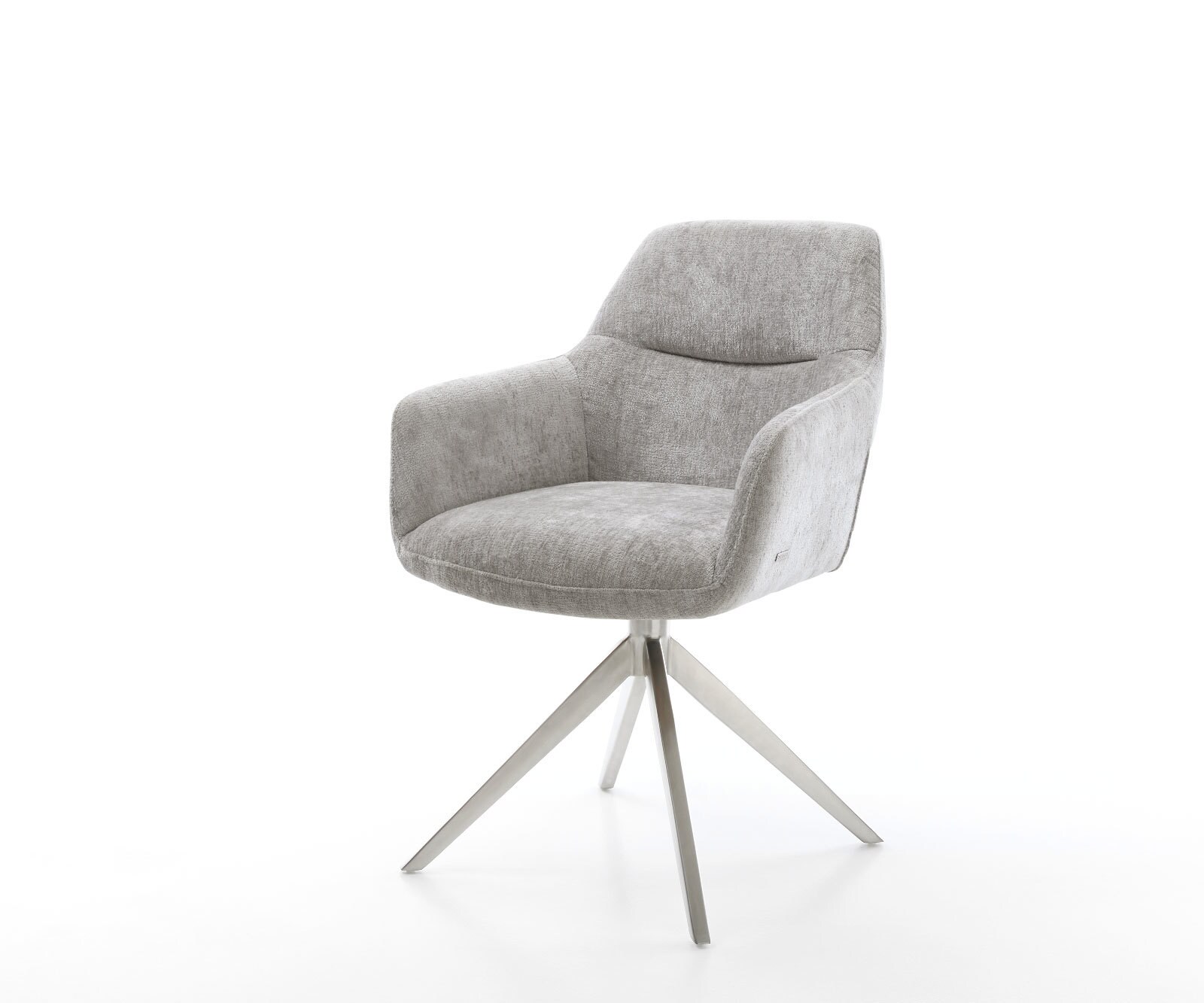 Chaise-pivotante Pejo-Flex chenille gris argenté pied croisé large acier inoxydable brossé pivotement sur 360° fonction bascule ressorts ensachés