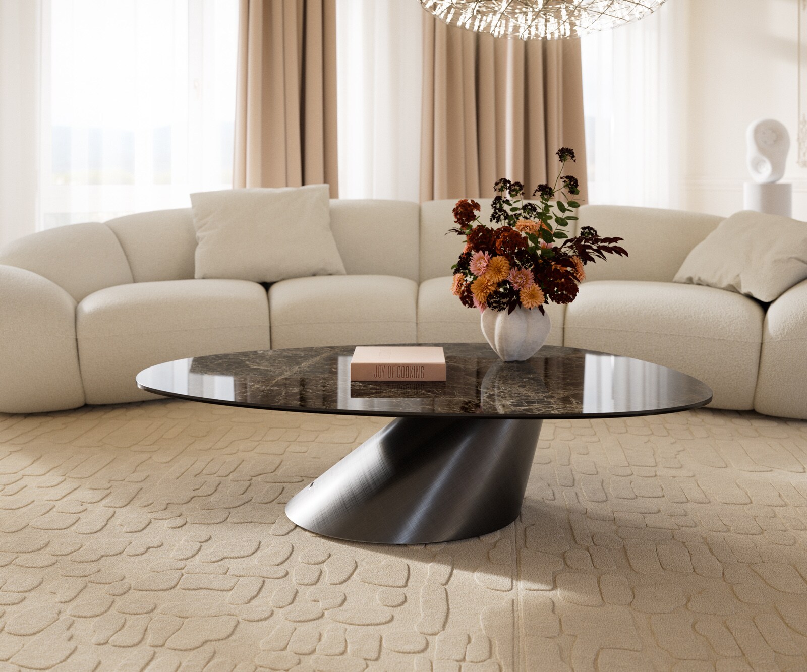 Table basse Edge Oval 140x75 cm céramique Laminam® Emperador Extra Lucidato brun foncé Conis argent métallique 2