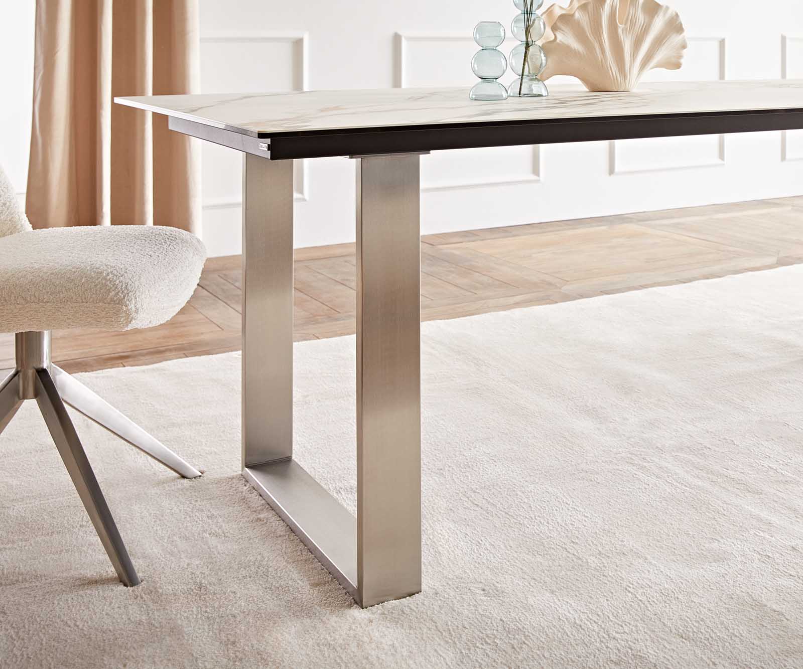 Table à manger Edge 200x100 céramique Calacatta Luxe blanc-doré-gris acier inoxydable mince 6