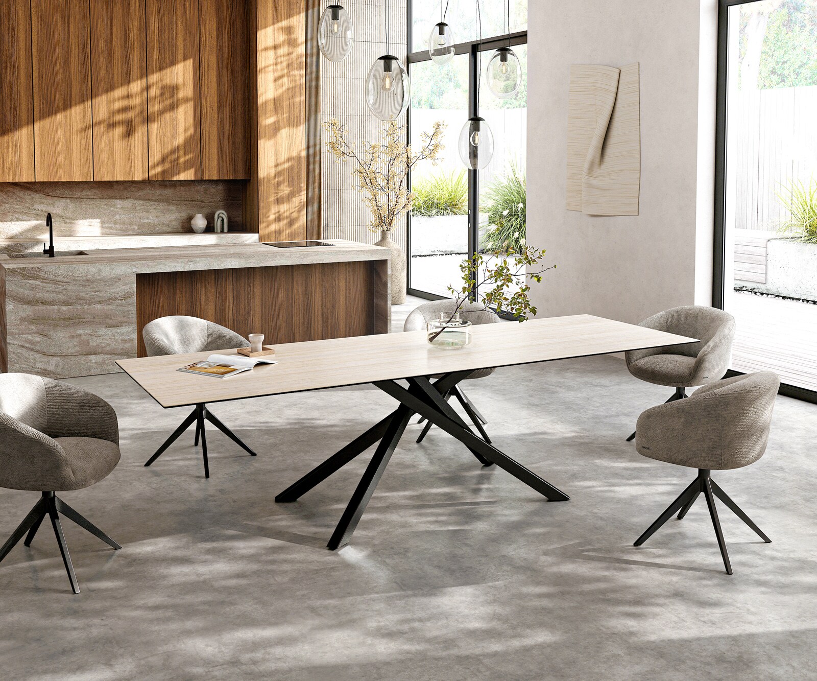 Table à manger Edge 300x100 cm Céramique Laminam®Travertino Bianco Creme-Blanc piètement en croix Rectangle Noir 7