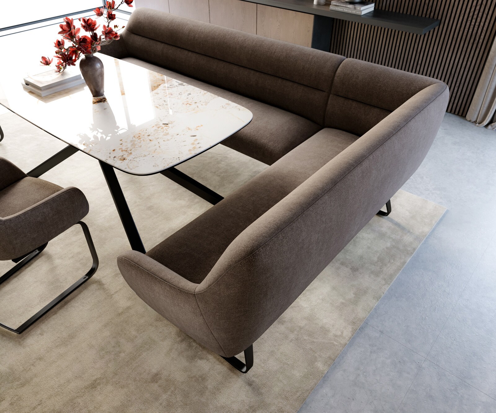 Banc-de-salle-à-manger Taya-Flex 285x190 cm tissu structuré doux taupe châssis à patins plat noir ressort ensaché liens 4