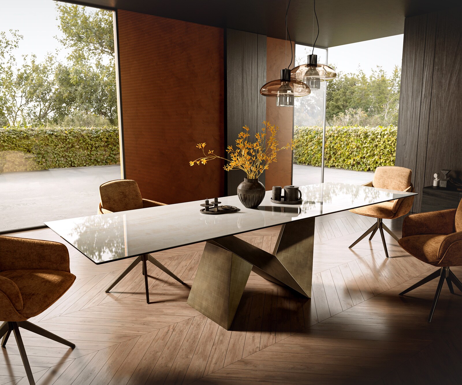 Table à manger Edge 300x100 cm céramique Onyx Champagne Origami métal doré